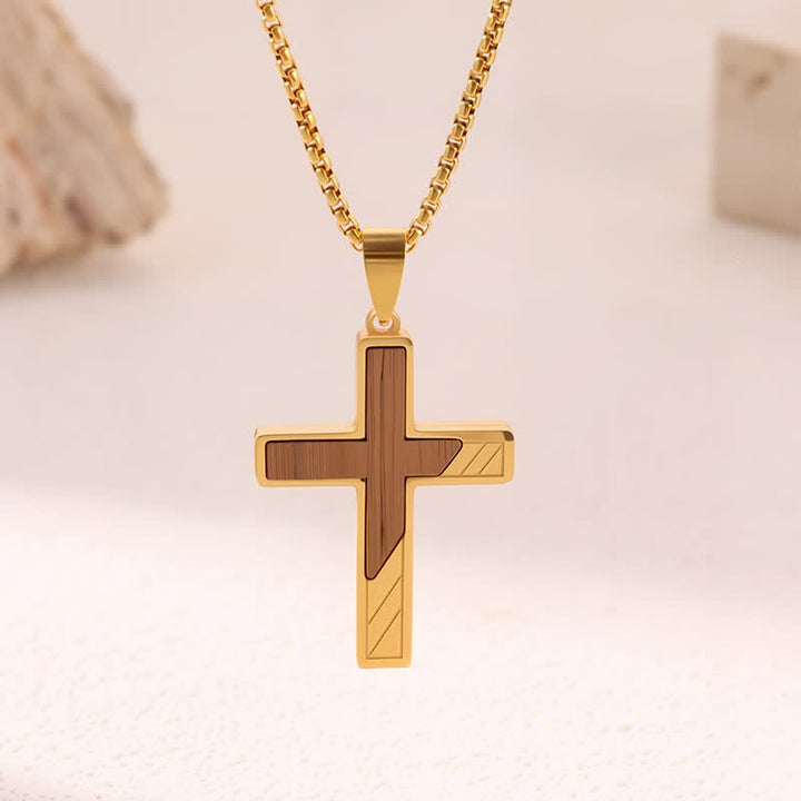 Christianartworkshop Natural Wood Inset Stainless Steel Cross Necklace: Sign of Gentle Celestial Shelter - A - image 0