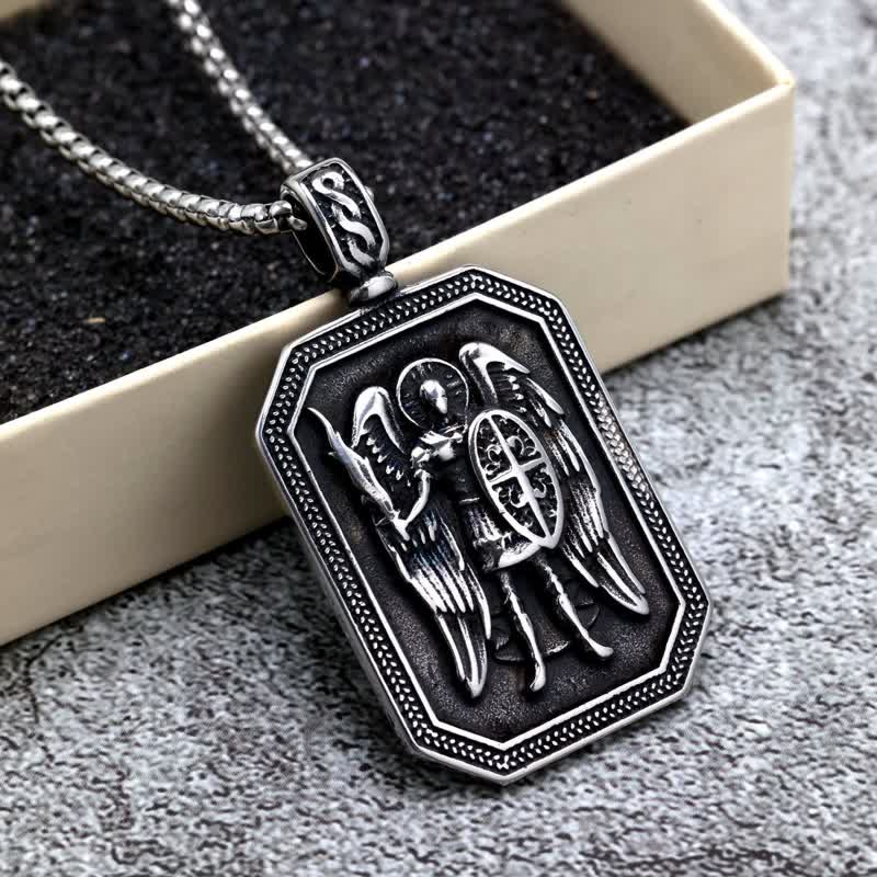 Christianartworkshop Deep Engraved Archangel St.Michael Box Chain Necklace: Token of Divine Safeguard - Silver - image 1
