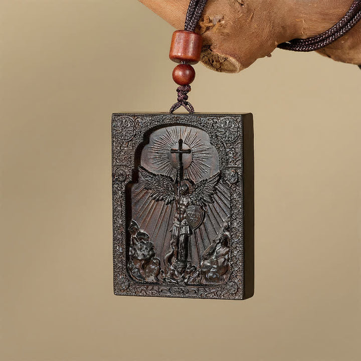 Christianartworkshop Sacred St. Michael Wood Carved Necklace: Emblem of Steadfast Divine Deliverance - African Blackwood - image 3