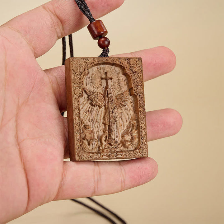 Christianartworkshop Sacred St. Michael Wood Carved Necklace: Emblem of Steadfast Divine Deliverance - American Walnut - image 0