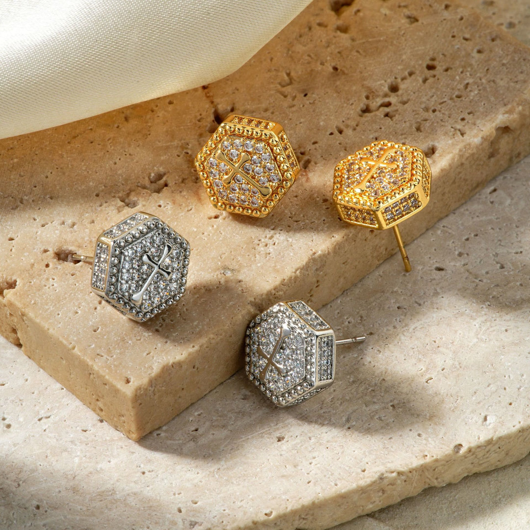 Christianartworkshop Minimal Sacred Hexagon Cross Stud Earrings: Sign Of Soft Timeless Sacred Solace - image 2