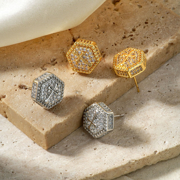 FREE Today: Minimal Sacred Hexagon Cross Stud Earrings: Sign Of Soft Timeless Sacred Solace - image 2