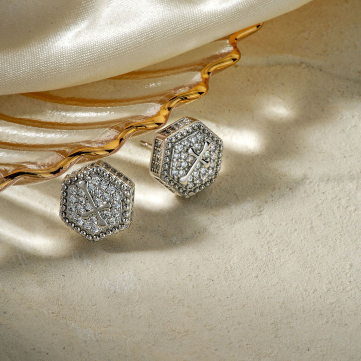 FREE Today: Minimal Sacred Hexagon Cross Stud Earrings: Sign Of Soft Timeless Sacred Solace - image 6