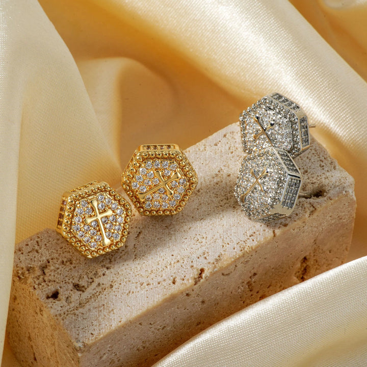FREE Today: Minimal Sacred Hexagon Cross Stud Earrings: Sign Of Soft Timeless Sacred Solace - image 3