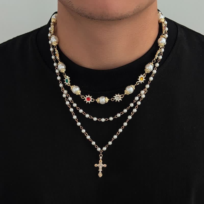 Christianartworkshop Tiered Faux Pearl Cross Chain: Token of Gentle Divine Protection - Golden - image 0