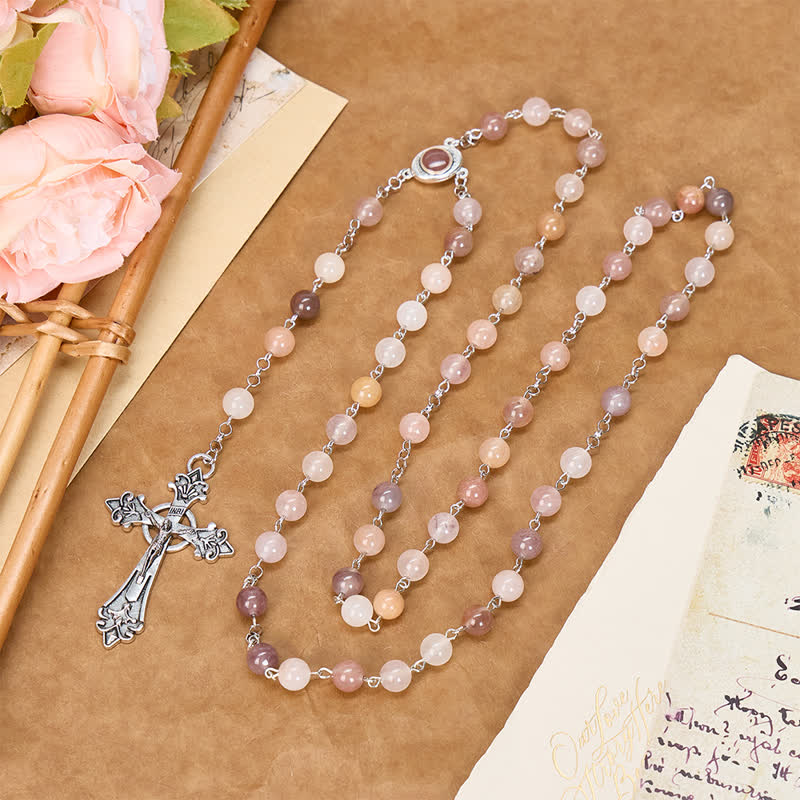 Christianartworkshop Vintage Alloy Crucifix Natural Stone Rosary: Emblem of Timeless Heavenly Shelter - Crucifix - image 0