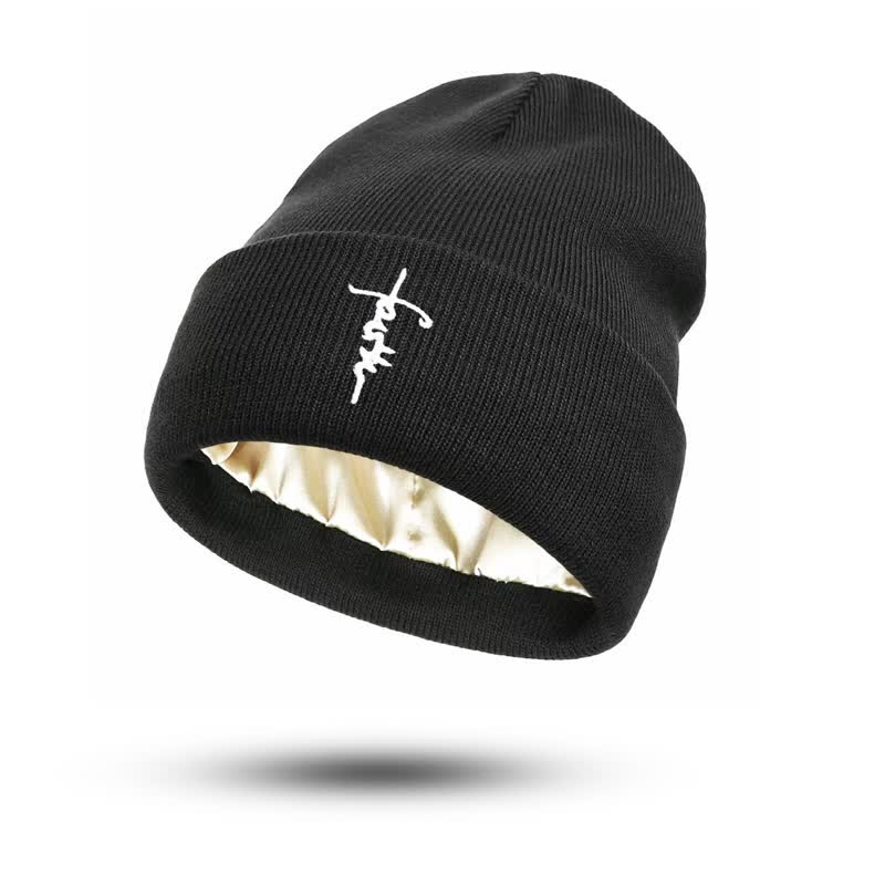 Christianartworkshop Three-Colored Jesus Script Cross Satin Lined Knit Beanie - Black - image 0