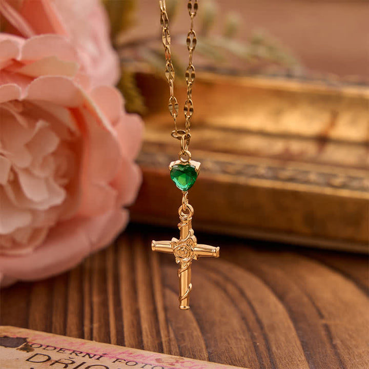 Christianartworkshop Slim Sparkling Heart Gem Rose Cross Necklace: Vessel of Gentle Celestial Warmth - Green - image 3