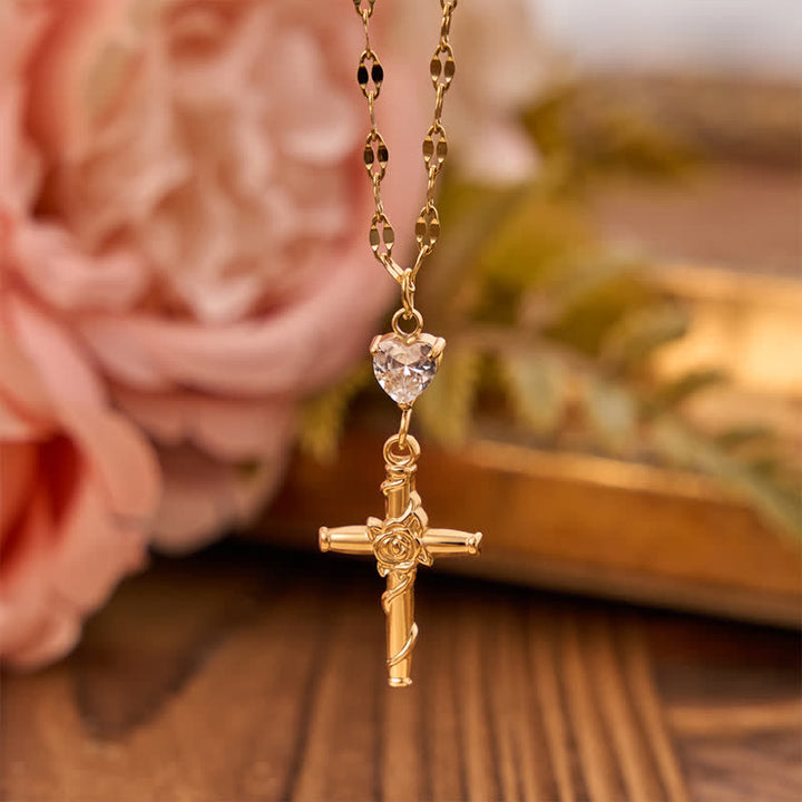 Christianartworkshop Slim Sparkling Heart Gem Rose Cross Necklace: Vessel of Gentle Celestial Warmth - White - image 0