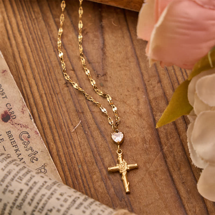Christianartworkshop Slim Sparkling Heart Gem Rose Cross Necklace: Vessel of Gentle Celestial Warmth - image 2