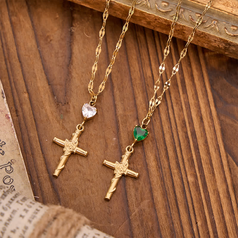 Christianartworkshop Slim Sparkling Heart Gem Rose Cross Necklace: Vessel of Gentle Celestial Warmth - image 1