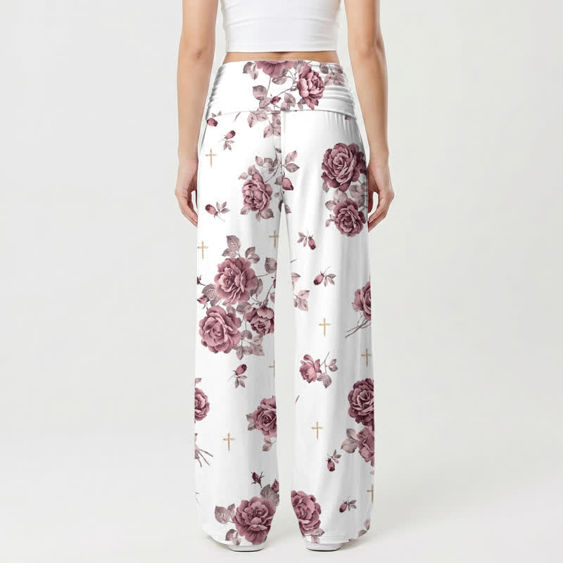 Christianartworkshop Rose Cross Print High Waist Palazzo Women’s Wide Leg Pants - image 1