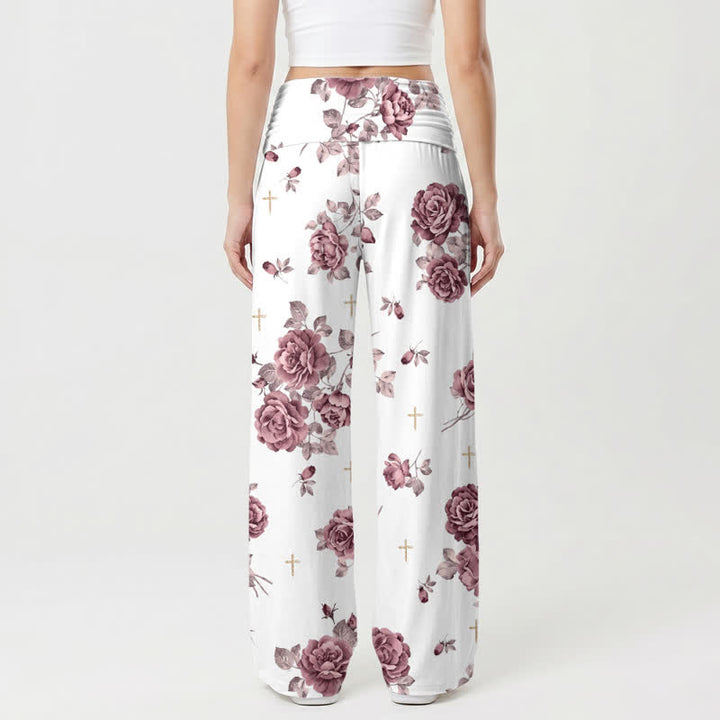 Christianartworkshop Rose Cross Print High Waist Palazzo Women’s Wide Leg Pants - image 1