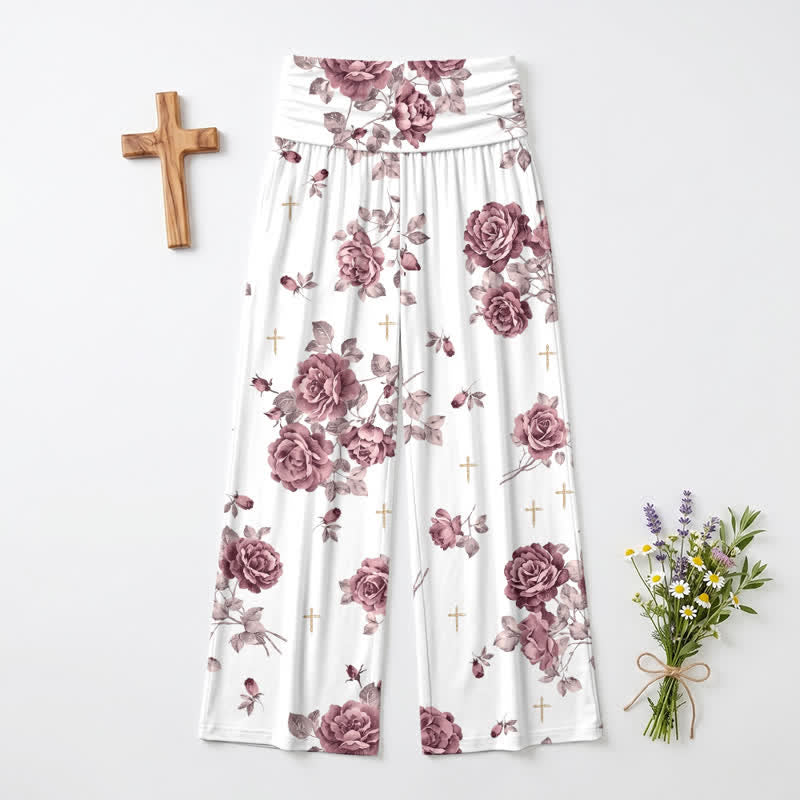 Christianartworkshop Rose Cross Print High Waist Palazzo Women’s Wide Leg Pants - image 2