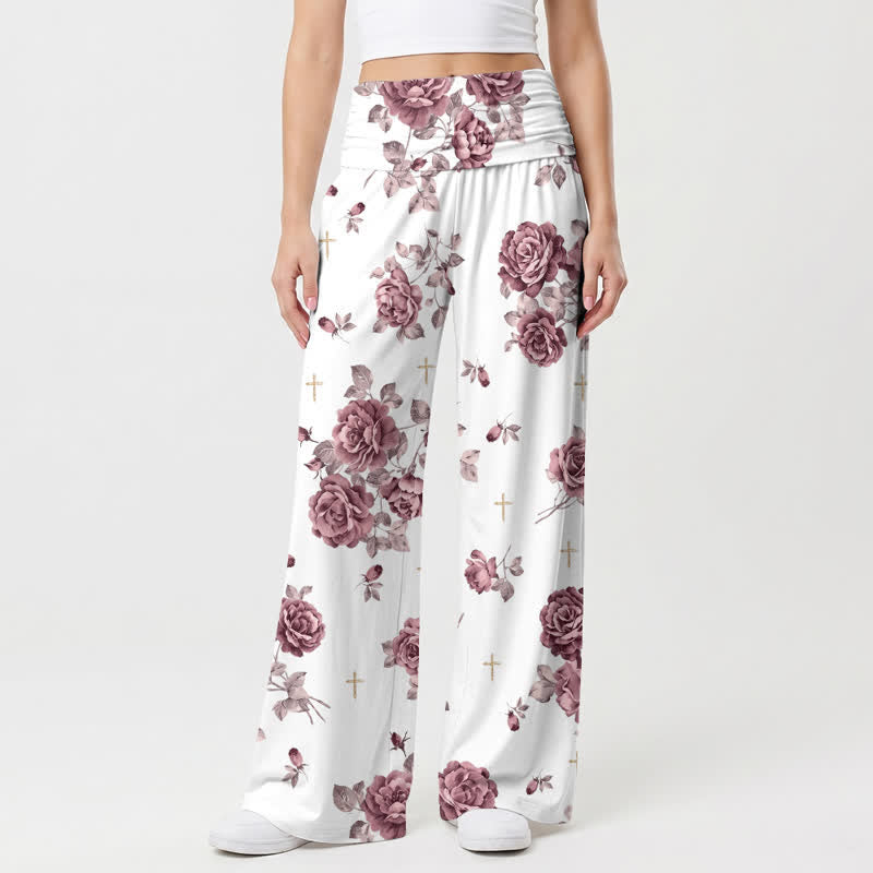 Christianartworkshop Rose Cross Print High Waist Palazzo Women’s Wide Leg Pants - US22,UK/AU26,EU54 - image 0