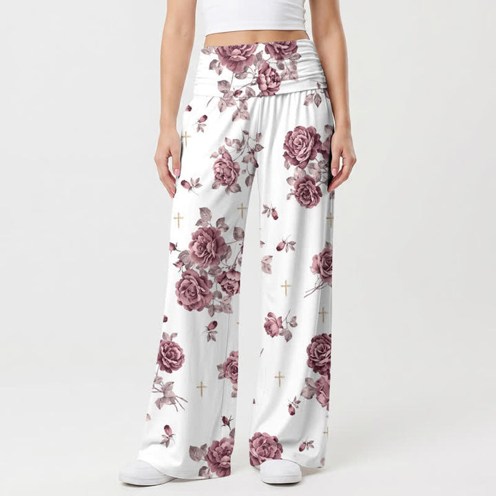 Christianartworkshop Rose Cross Print High Waist Palazzo Women’s Wide Leg Pants - US22,UK/AU26,EU54 - image 0