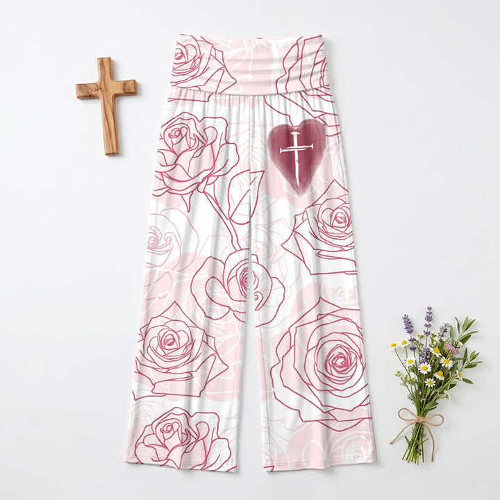 Christianartworkshop Blush Rose Heart Cross Lounge Women's Wide Leg Pants - image 2