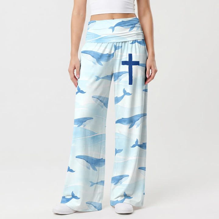 Christianartworkshop Ocean Whale Cross Print High Waist Women’s Wide Leg Pants - US22,UK/AU26,EU54 - image 0