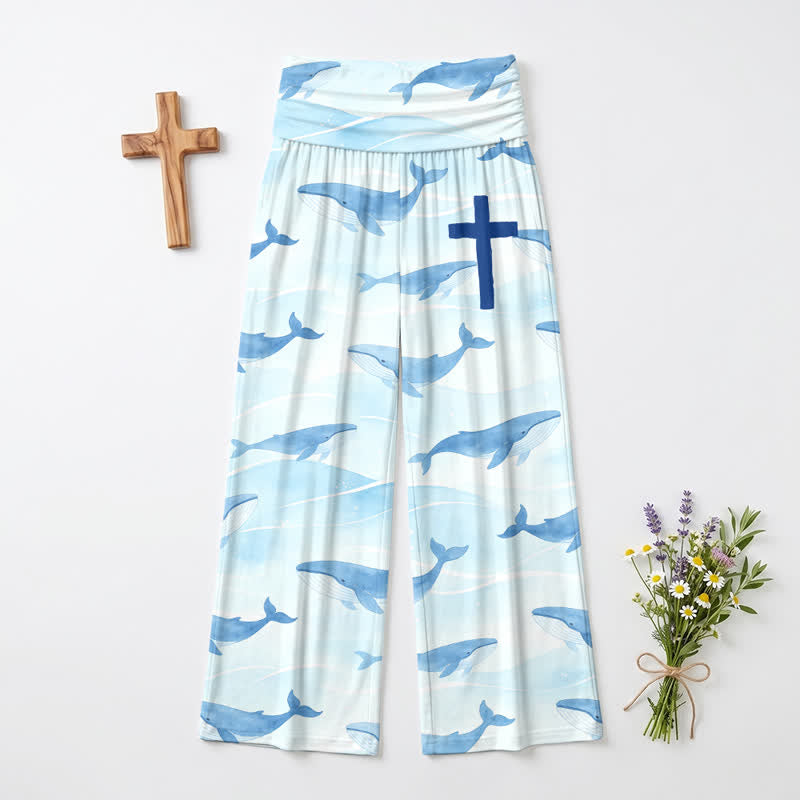 Christianartworkshop Ocean Whale Cross Print High Waist Women’s Wide Leg Pants - image 2