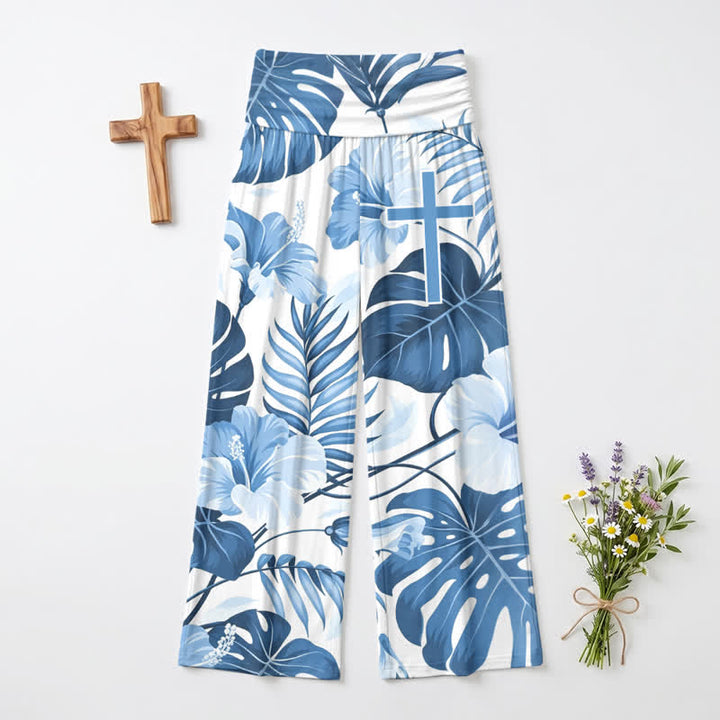 Christianartworkshop Blue Tropical Floral High Waist Women's Wide Leg Pants - US22,UK/AU26,EU54 - image 0
