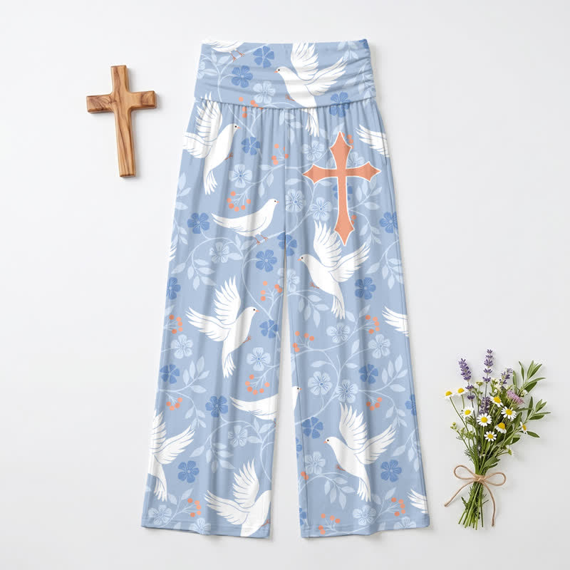Christianartworkshop Sky Blue Dove Blossom High Waist Women's Wide Leg Pants - image 2