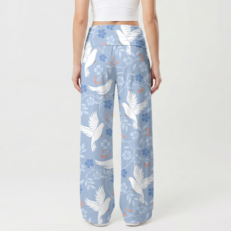Christianartworkshop Sky Blue Dove Blossom High Waist Women's Wide Leg Pants - image 1