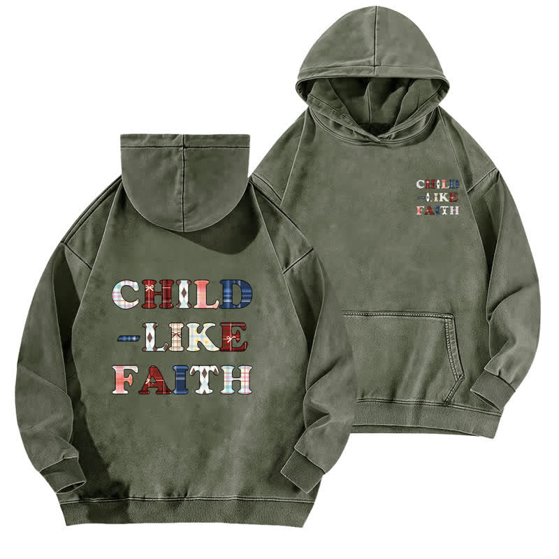 Christianartworkshop Child Like Faith Plaid Letter Front Back Washed Hoodie - Army Green - 5XL - image 6