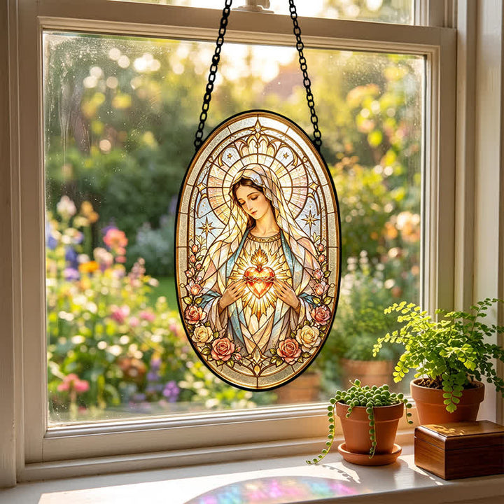 Christianartworkshop Floral Framed Our Lady Window Suncatcher: Beacon of Timeless Heavenly Grace - image 2