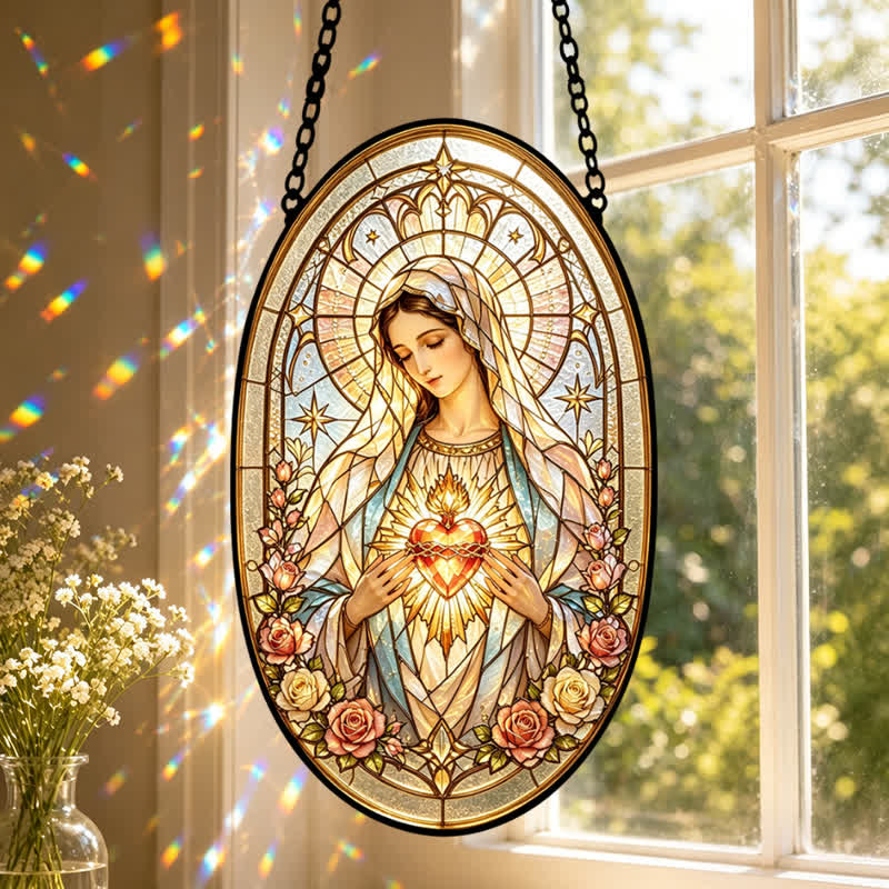 Christianartworkshop Floral Framed Our Lady Window Suncatcher: Beacon of Timeless Heavenly Grace - image 0
