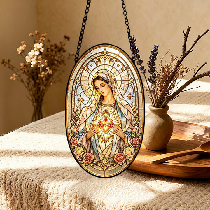Christianartworkshop Floral Framed Our Lady Window Suncatcher: Beacon of Timeless Heavenly Grace - image 5