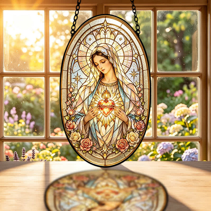 Christianartworkshop Floral Framed Our Lady Window Glass Suncatcher: Beacon of Timeless Heavenly Grace - image 1