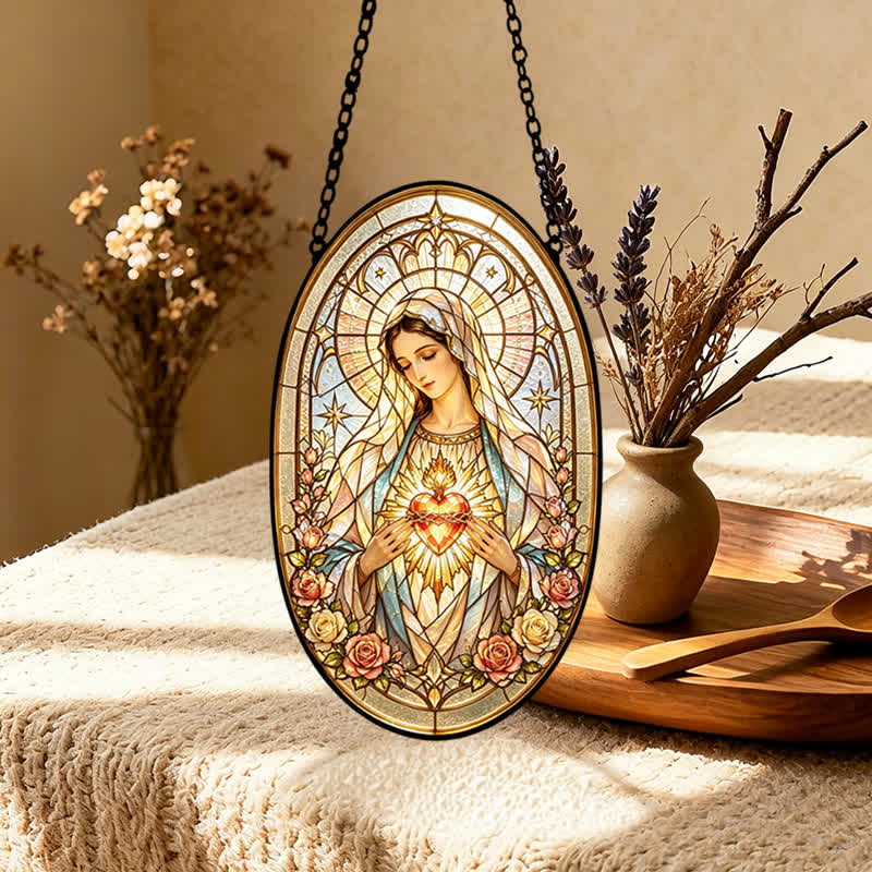 Christianartworkshop Floral Framed Our Lady Window Glass Suncatcher: Beacon of Timeless Heavenly Grace - image 5