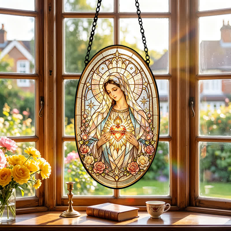Christianartworkshop Floral Framed Our Lady Window Suncatcher: Beacon of Timeless Heavenly Grace - image 1