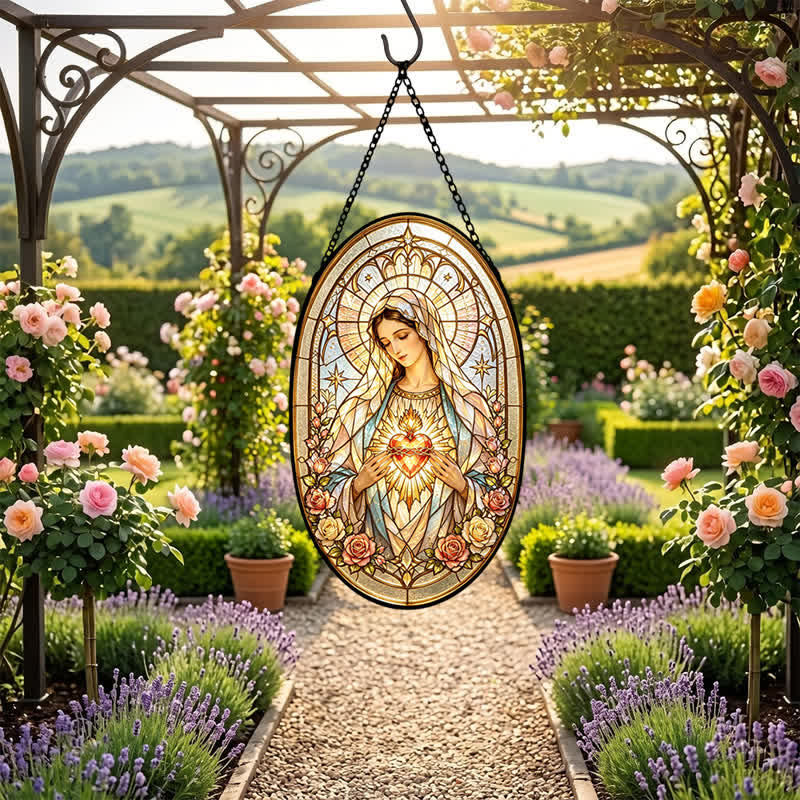 Christianartworkshop Floral Framed Our Lady Window Suncatcher: Beacon of Timeless Heavenly Grace - image 6