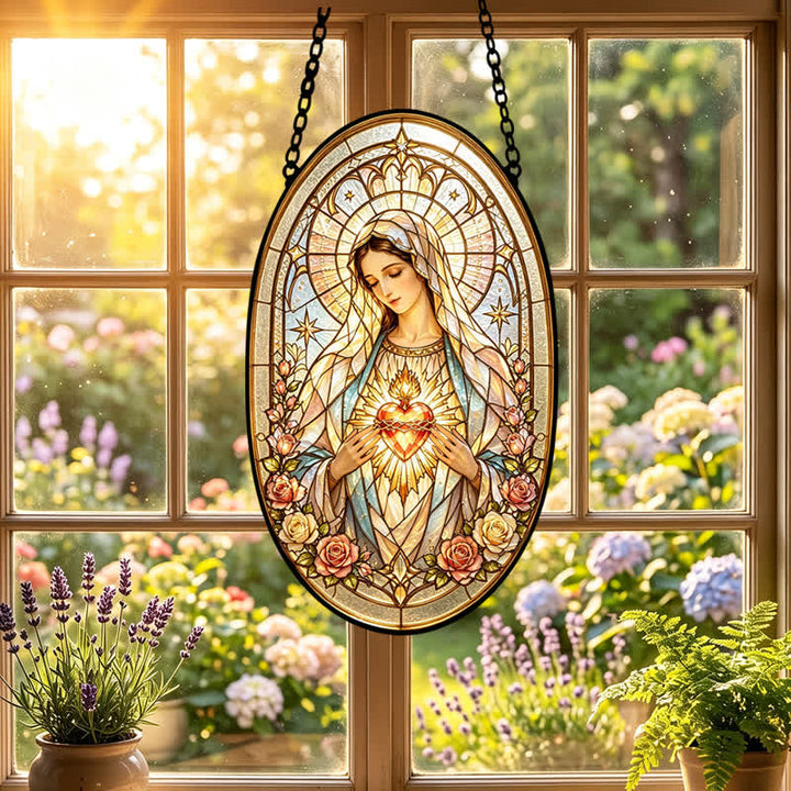 Christianartworkshop Floral Framed Our Lady Window Suncatcher: Beacon of Timeless Heavenly Grace - image 4