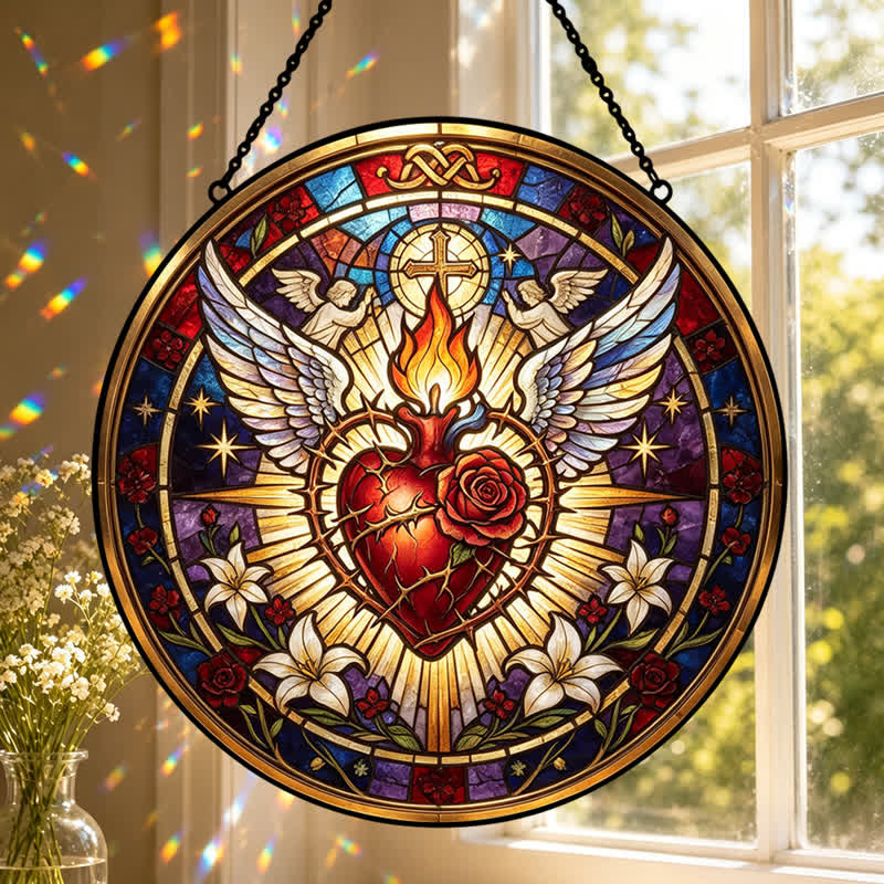 Christianartworkshop Round Glass Hanging Sacred Heart Glass Suncatcher: Token of Peaceful Divine Comfort - image 2