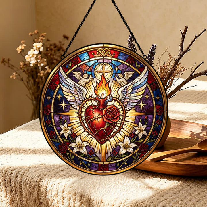 Christianartworkshop Round Glass Hanging Sacred Heart Suncatcher: Token of Peaceful Divine Comfort - image 0