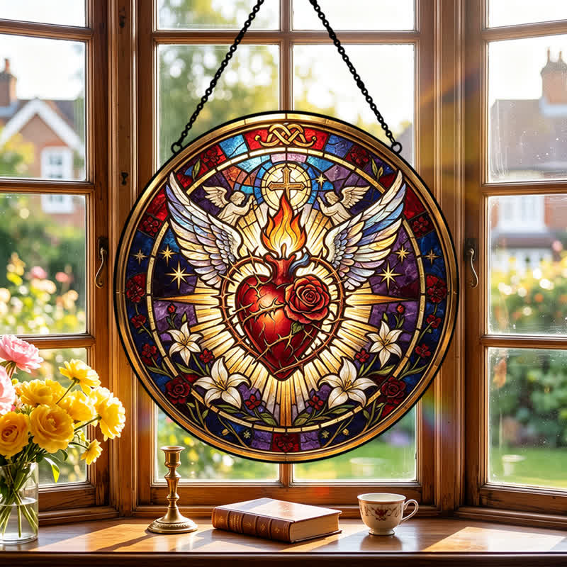 Christianartworkshop Round Glass Hanging Sacred Heart Glass Suncatcher: Token of Peaceful Divine Comfort - image 4
