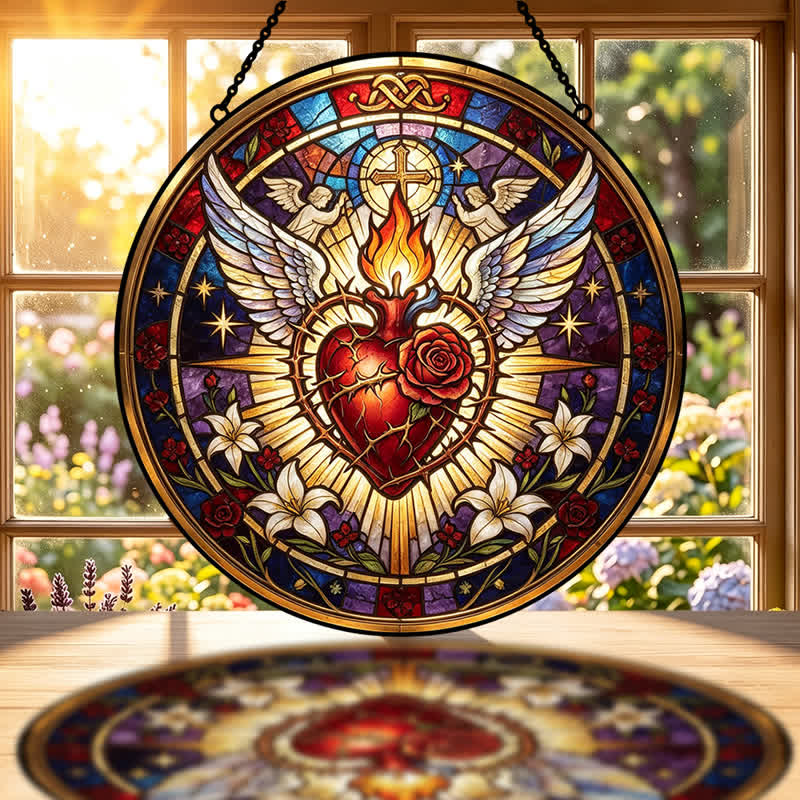 Christianartworkshop Round Glass Hanging Sacred Heart Glass Suncatcher: Token of Peaceful Divine Comfort - image 1