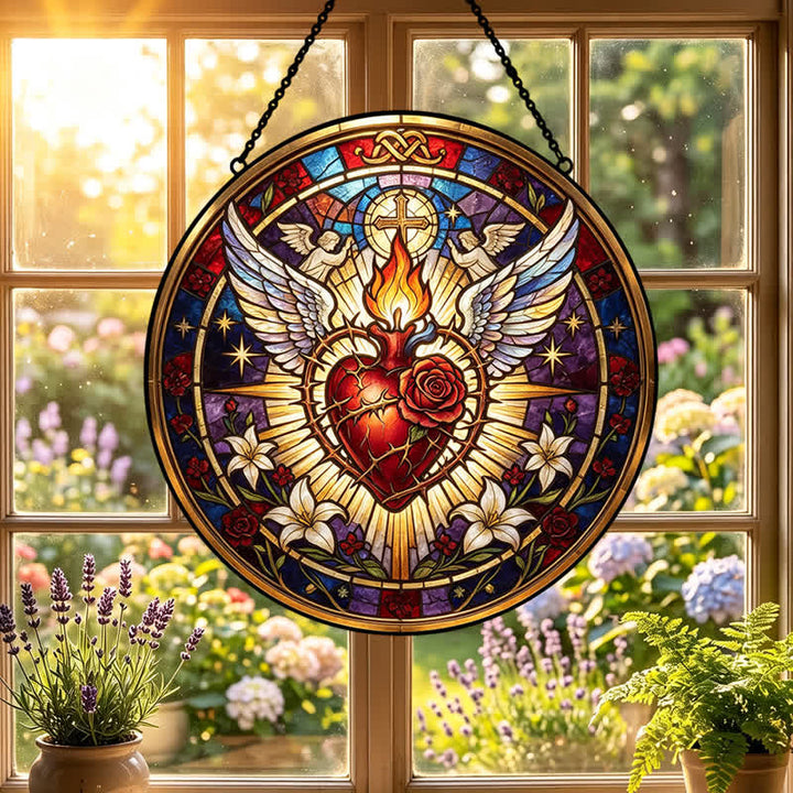 Christianartworkshop Round Glass Hanging Sacred Heart Suncatcher: Token of Peaceful Divine Comfort - image 5