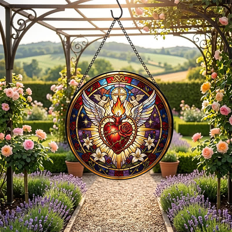 Christianartworkshop Round Glass Hanging Sacred Heart Glass Suncatcher: Token of Peaceful Divine Comfort - image 6