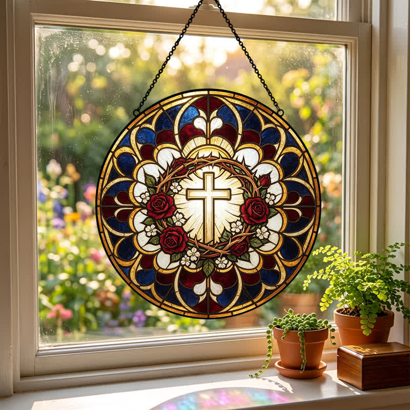 Christianartworkshop Radiant Halo Cross Stained Glass Suncatcher: Emblem of Pure Heavenly Radiance - image 1