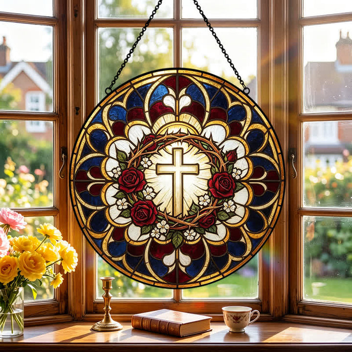 Christianartworkshop Radiant Halo Cross Stained Glass Suncatcher: Emblem of Pure Heavenly Radiance - image 0