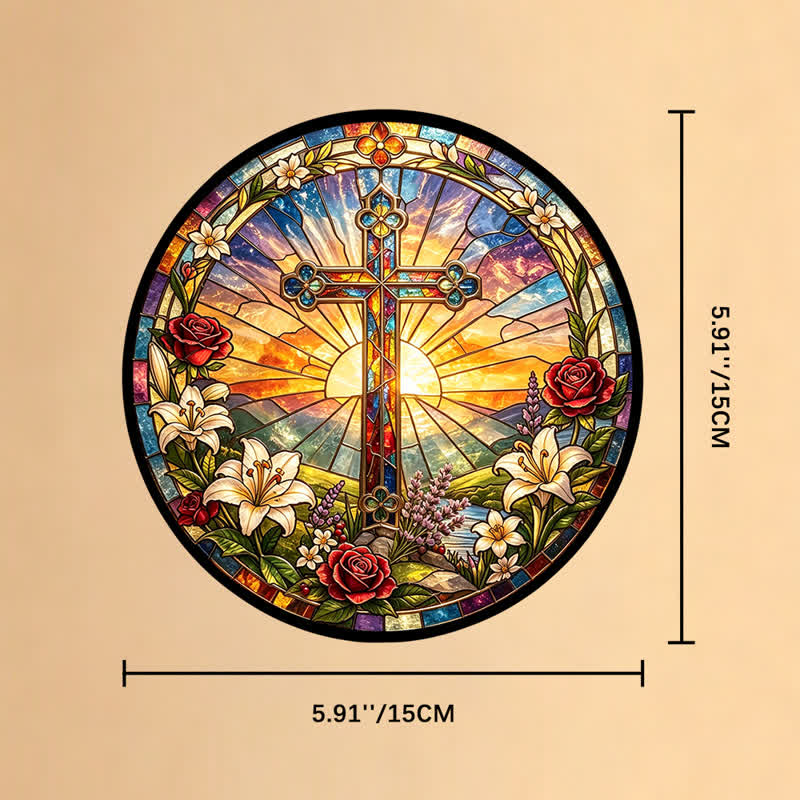 Christianartworkshop Lily & Rose Wreath Cross Glass Suncatcher: Emblem of Gentle Divine Purity - 5.91''*5.91''/15*15cm - image 7