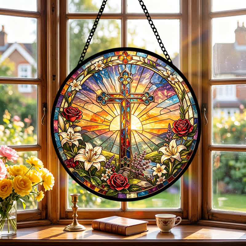 Christianartworkshop Lily & Rose Wreath Cross Glass Suncatcher: Emblem of Gentle Divine Purity - image 2
