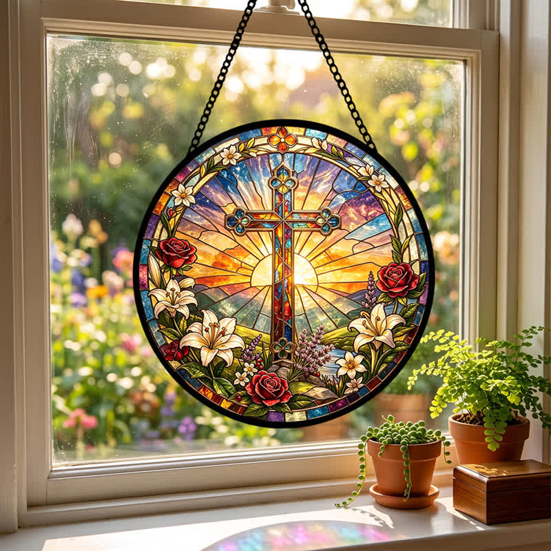 Christianartworkshop Lily & Rose Wreath Cross Glass Suncatcher: Emblem of Gentle Divine Purity - image 4