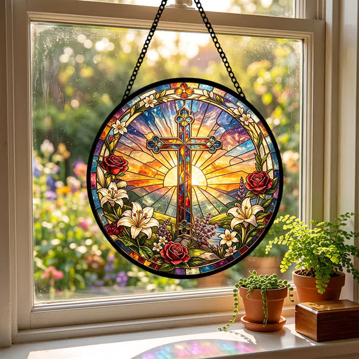 Christianartworkshop Lily & Rose Wreath Cross Glass Suncatcher: Emblem of Gentle Divine Purity - image 4