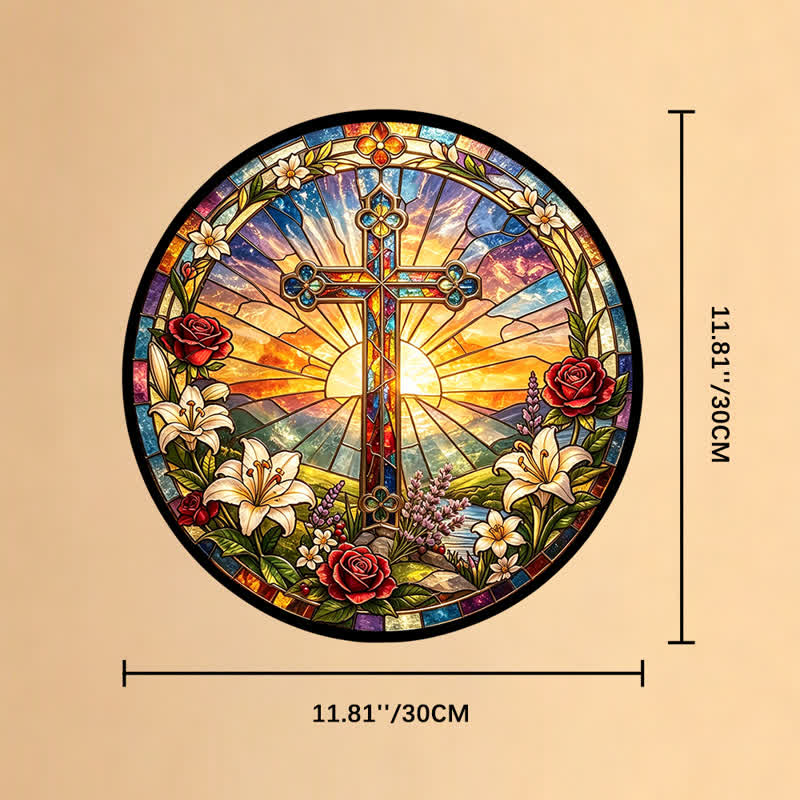 Christianartworkshop Lily & Rose Wreath Cross Glass Suncatcher: Emblem of Gentle Divine Purity - 11.81''*11.81''/30*30cm - image 10