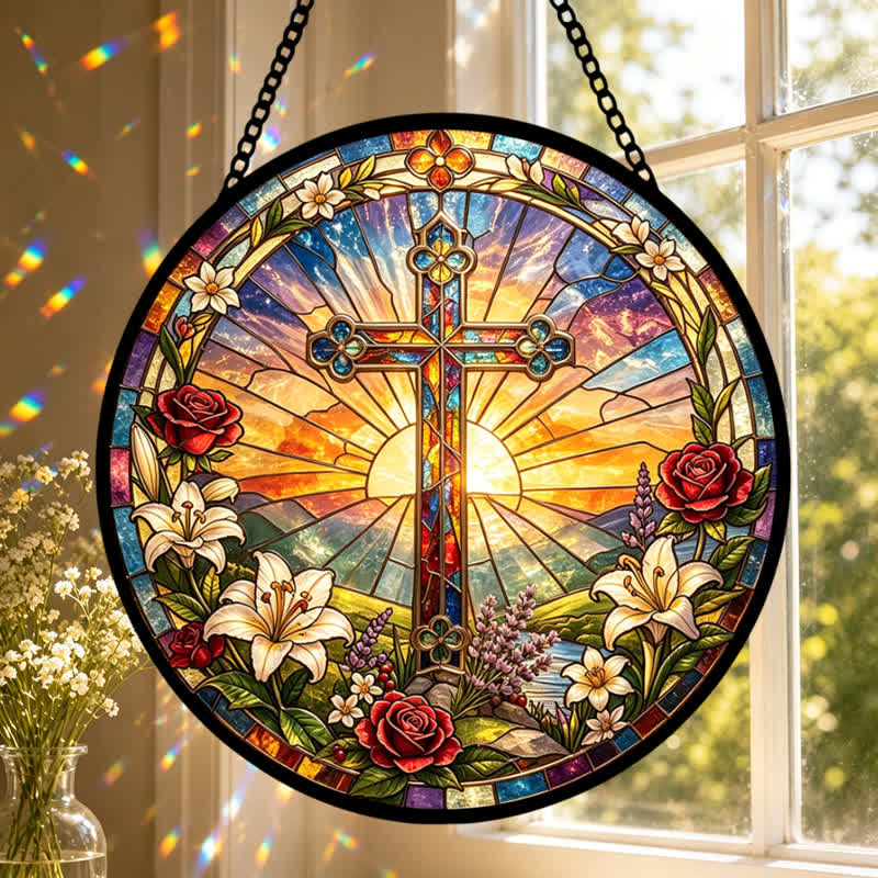 Christianartworkshop Lily & Rose Wreath Cross Glass Suncatcher: Emblem of Gentle Divine Purity - image 0