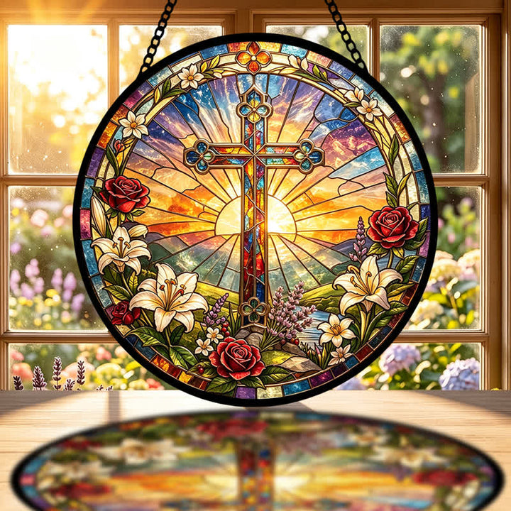 Christianartworkshop Lily & Rose Wreath Cross Glass Suncatcher: Emblem of Gentle Divine Purity - image 1